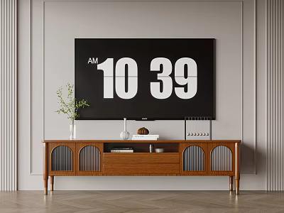 Wooden TV Stand With Cabinet Doors And Drawers Holding Flat Screen TV Plant And Vase 3d model