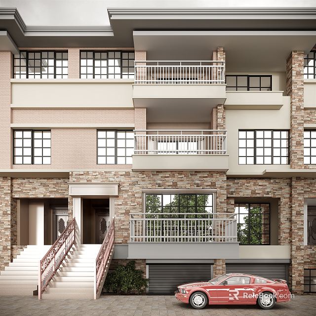 Modern Detached Villa Exterior Featuring Stone Walls Windows Balconies And Staircase 3d model 