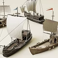 Wooden and Stone Crafted Ship Models with Intricate Sails and Hull Designs