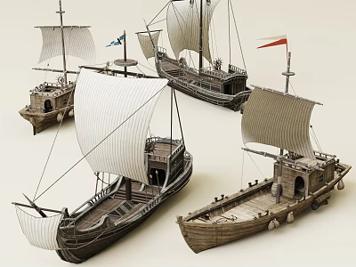 Wooden and Stone Crafted Ship Models with Intricate Sails and Hull Designs 3d model