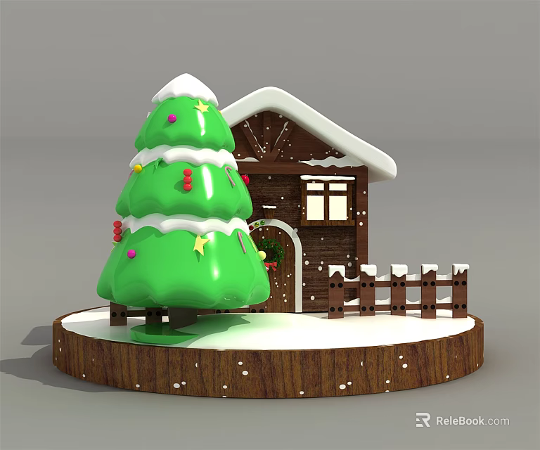 Christmas Decoration Scene Featuring Green Tree Ornaments Small Wooden House Fence And Snowy Base 3d model 
