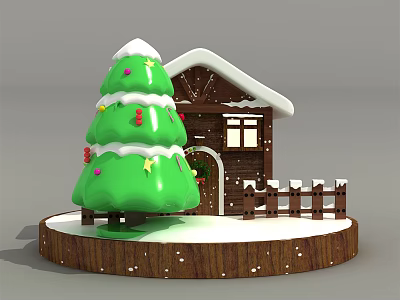 Christmas Decoration Scene Featuring Green Tree Ornaments Small Wooden House Fence And Snowy Base 3d model