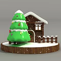 Christmas Decoration Scene Featuring Green Tree Ornaments Small Wooden House Fence And Snowy Base