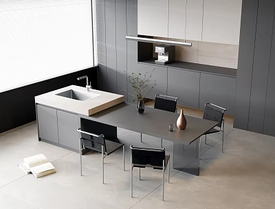 Modern Bar Counter In Open Kitchen With Marble Top And Dining Chairs Design 3d model