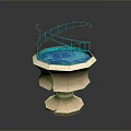 Intricate Stone Sculpture With Cracked Base Blue Glowing Liquid And Floating Lines