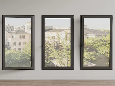 Modern Casement Windows With Black Frames Exterior Buildings And Green Trees View 3d model