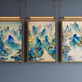 Three Panel Chinese Landscape Paintings With Blue Mountains Water Pine Trees In Golden Frames 3d model
