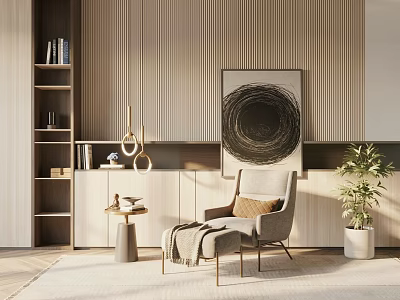 Modern Single Chair With Ottoman Throw Blanket And Decorative Painting In Minimalist Room 3d model
