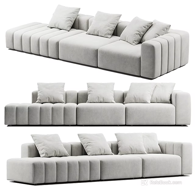 Modern Light Gray Upholstered Multi-Seater Sofa With Stitched Details Modular Design And Cushions 3d model 