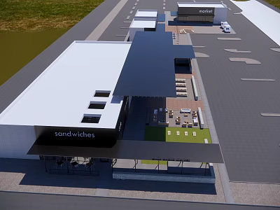 Modern Commercial Complex with Sandwich Shop Parking and Outdoor Seating Area 3d model