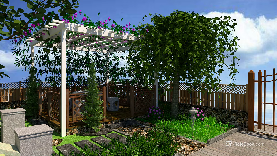 Serene Garden Landscape With Pergola Purple Flowers Large Tree Wooden Deck And Green Plants 3d model 