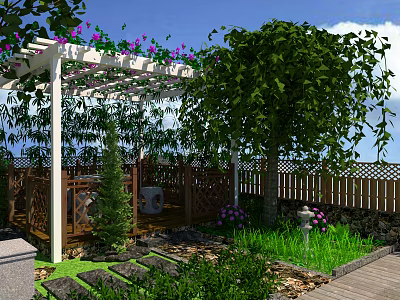 Serene Garden Landscape With Pergola Purple Flowers Large Tree Wooden Deck And Green Plants 3d model