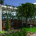 Serene Garden Landscape With Pergola Purple Flowers Large Tree Wooden Deck And Green Plants