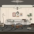 Elegant Living Room With Cream Sofa Armchairs Wooden Coffee Table Decorative Chandelier And Geometric Rug