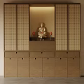 Traditional Japanese Wooden Buddhist Shrine Cabinet With Buddha Statue And Lattice Design