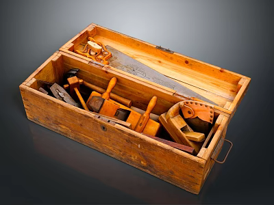 Wooden Storage Box Containing Woodworking Tools Like Hammer Plane And Saw 3d model