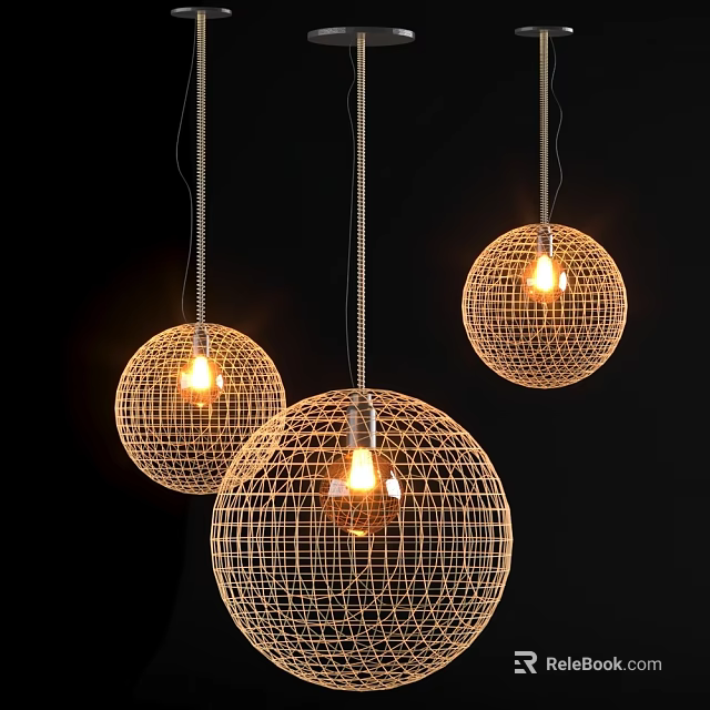Stylish Modern Three Spherical Wire Mesh Pendant Lights with Illuminated Bulbs 3d model