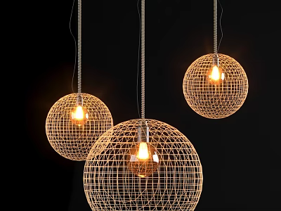 Stylish Modern Three Spherical Wire Mesh Pendant Lights with Illuminated Bulbs 3d model