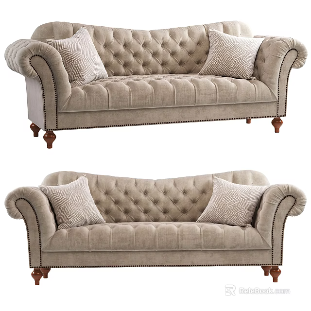 Beige Two Seater Sofa With Tufted Back Rolled Arms Wooden Legs And Pillows 3d model 
