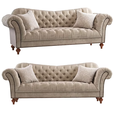 Beige Two Seater Sofa With Tufted Back Rolled Arms Wooden Legs And Pillows 3d model