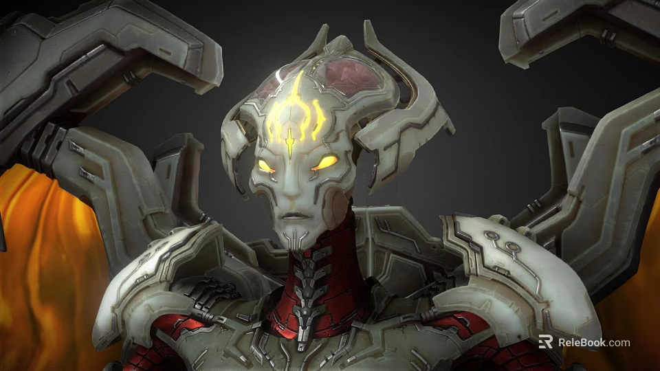Game Movie Sci Fi Character With Glowing Yellow Eyes And Intricate Silver Red Armor 3d model 