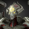Game Movie Sci Fi Character With Glowing Yellow Eyes And Intricate Silver Red Armor