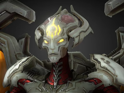 Game Movie Sci Fi Character With Glowing Yellow Eyes And Intricate Silver Red Armor 3d model