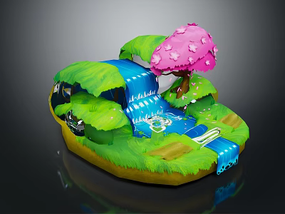 Cartoon Scene With Green Grass Blue Waterfall And Pink Cherry Blossom Tree 3d model