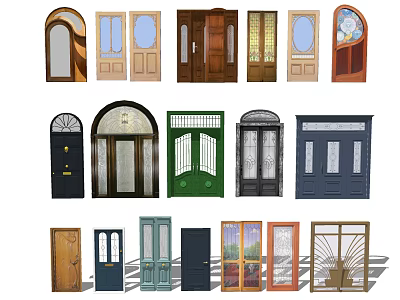 Collection of Various Double Doors with Wooden Glass and Decorative Designs 3d model
