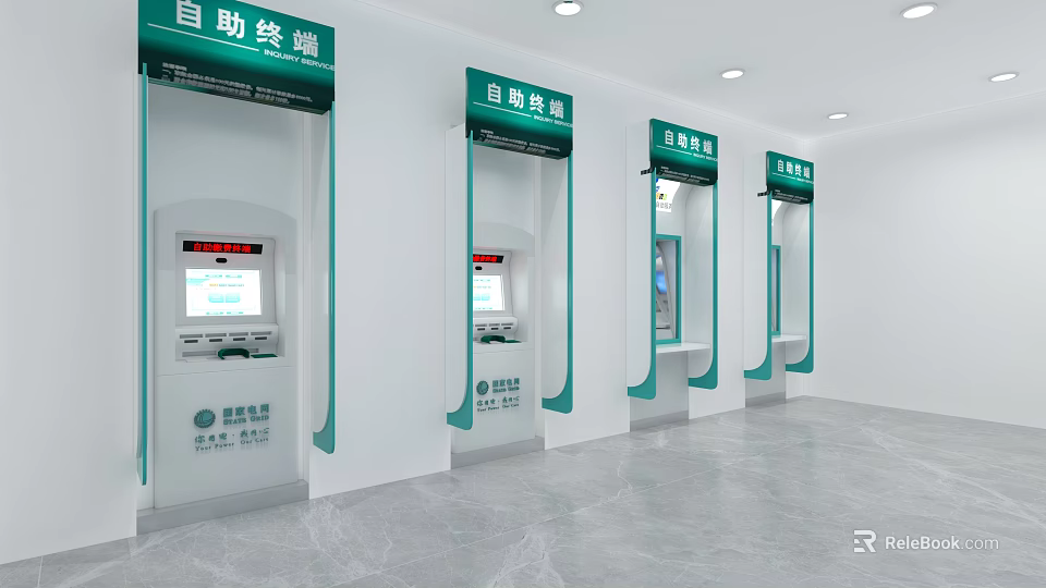 Modern Bank Interior With Self Service Payment And Cash Withdrawal Terminals 3d model 