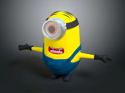 Playful Minion Character With Yellow Body Large Goggles Blue Overalls Outstretched Arms Grinning Expression 3d model