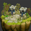 Golden Entrance Gate With Stone Towers Green Plants And Stone Pathway On Rocky Grass