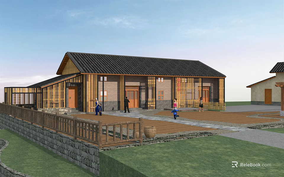 Traditional Wooden Building With Black Tile Roof Large Windows People Grass And Stone Wall 3d model 