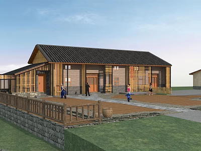 Traditional Wooden Building With Black Tile Roof Large Windows People Grass And Stone Wall 3d model