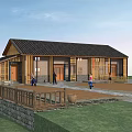 Traditional Wooden Building With Black Tile Roof Large Windows People Grass And Stone Wall