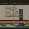 Japanese Indoor Landscape With Wooden Beams Green Plants Stones And LED Strip Lights