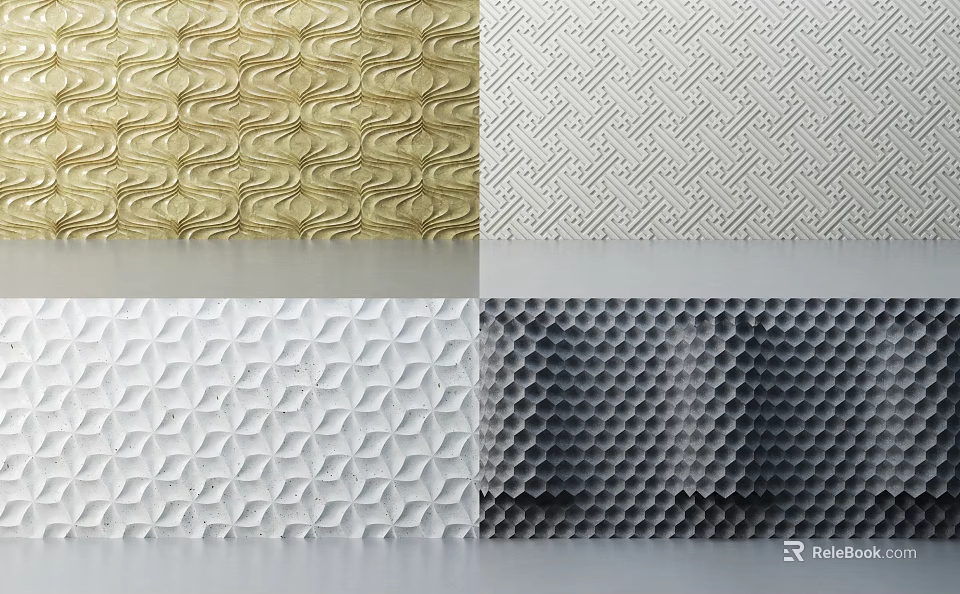 Decorative Wall Surfaces With Gold Textured White Geometric And Gray Honeycomb Patterns 3d model 