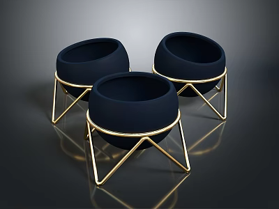 Modern Decorative Furniture With Three Black Bowls On Golden Stands 3d model