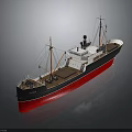 Vintage Cargo Ship Model With Masts Smokestack And Red Black Hull