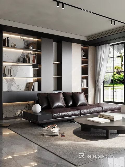 Modern Living Room Interior Design With Leather Sofa Marble Wall And Bookshelves 3d model 
