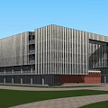 Modern Office Building with Glass Curtain Wall Metal Stripes Red Brick Base Lawn and Pathway