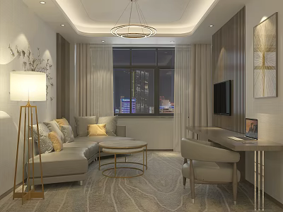 Hotel Guest Room With Sofa Floor Lamp Coffee Table TV Desk Chair And Night View 3d model