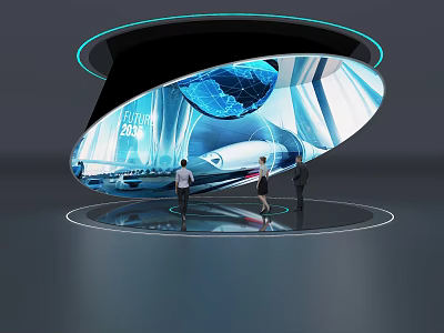 Modern Open Interactive Zone With Curved Display Global Map People Interacting And Future 2050 Theme 3d model