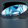 Modern Open Interactive Zone With Curved Display Global Map People Interacting And Future 2050 Theme