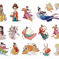 Multiple Women In Traditional Chinese Attires With Elegant Robes And Rabbit Figurines