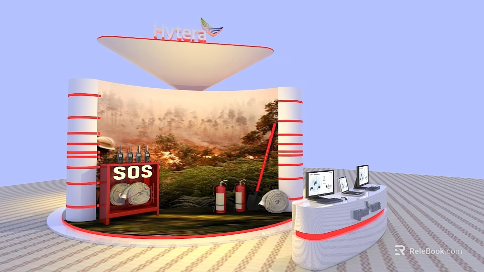 Hysea Exhibition Display Shelves With SOS Sign Fire Extinguishers Computers And Forest Background 3d model 
