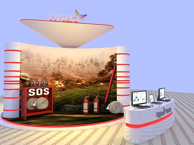 Hysea Exhibition Display Shelves With SOS Sign Fire Extinguishers Computers And Forest Background 3d model