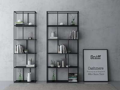 Modern Black Metal Bookshelves with Open Shelves Books Decor Plants And Vases 3d model