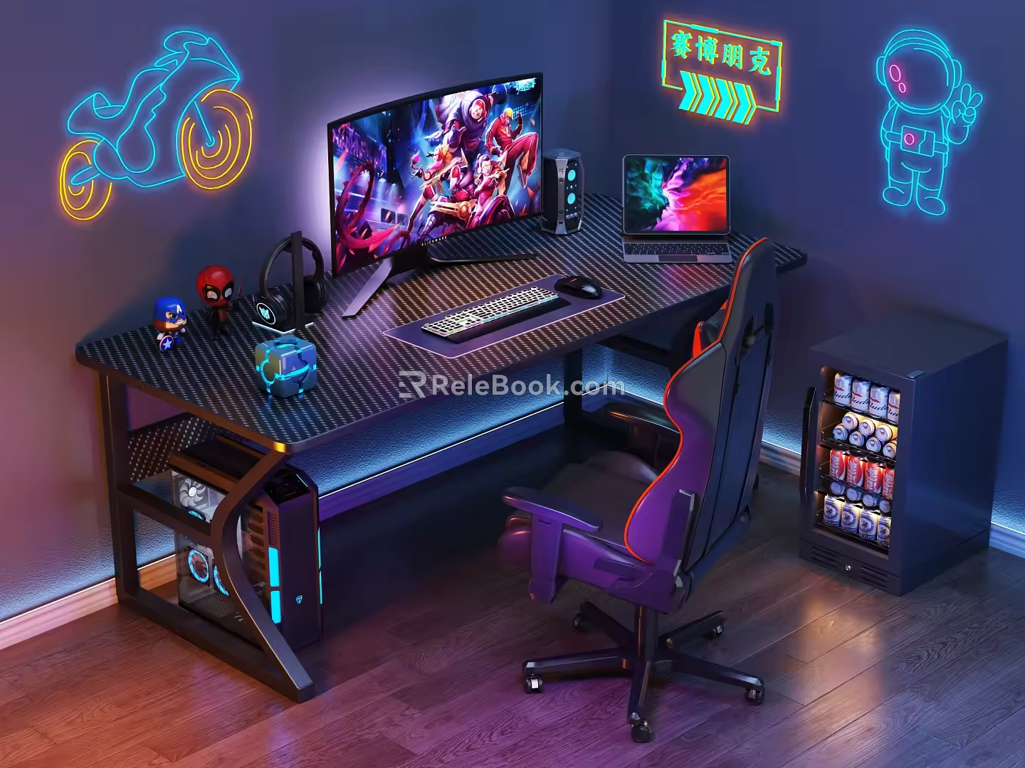 Modern E-sports Table and Chair E-sports Room Computer Table and Chair Cyberpunk Computer Ornaments Combination Computer Chair Computer Host Monitor Speaker Computer Peripherals 3d model