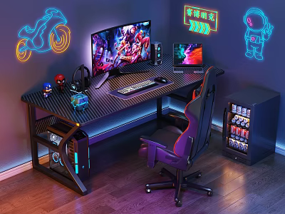 Modern Gaming Desk Setup Featuring Dual Monitors Neon Lights Ergonomic Chair And Beverage Storage 3d model